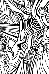 A bold black and white image presenting complex tribal and geometric patterns suggesting a sense of ancient art and sophistication