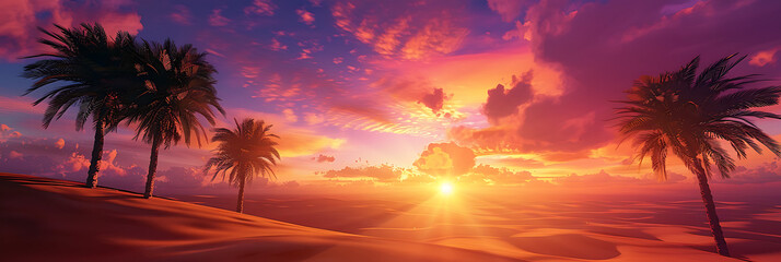 A dramatic sunset over a vast desert landscape, with silhouetted palm trees swaying in the warm breeze