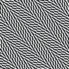Seamless repeating pattern with dashed wavy lines. Checkered black and white optical design. Abstract geometrical background. Vector illustration.
