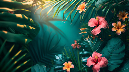 Fototapeta na wymiar A colorful gradient background with tropical leaves