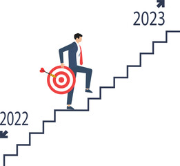 Businessman walking up stair with business target of new year 2023, ambitious on the 2023, business new plan and goal in 2023 concept

