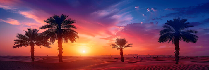 Fototapeta na wymiar A dramatic sunset over a vast desert landscape, with silhouetted palm trees swaying in the warm breeze