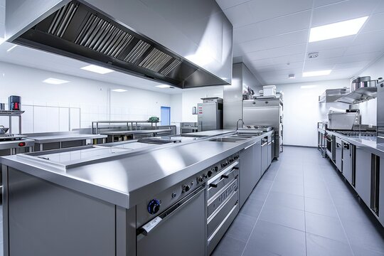 A Modern Commercial Kitchen With Stainless Steel Appliances and Counters, A panoramic view of an empty modern commercial kitchen, AI Generated