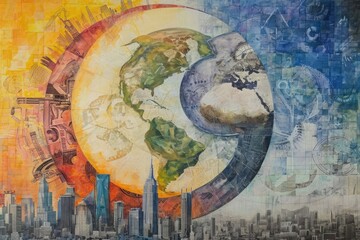 Painting of the Earth at the Heart of a Cityscape, A pastel depiction of the economic cycle, AI Generated