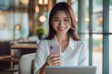 Young Asian Business Woman Smiling Mobile Phone