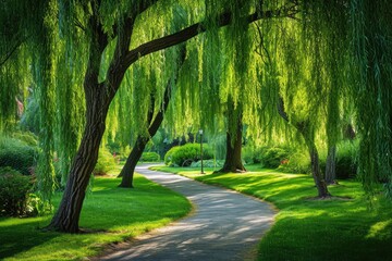 A winding path meanders through a park, flanked by a row of stately trees, A pathway enveloped by weeping willow trees in a park, AI Generated - obrazy, fototapety, plakaty