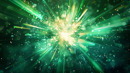 A dynamic composition featuring an explosion of vibrant green light bursting forth against a dark background, symbolizing growth, vitality, and energy