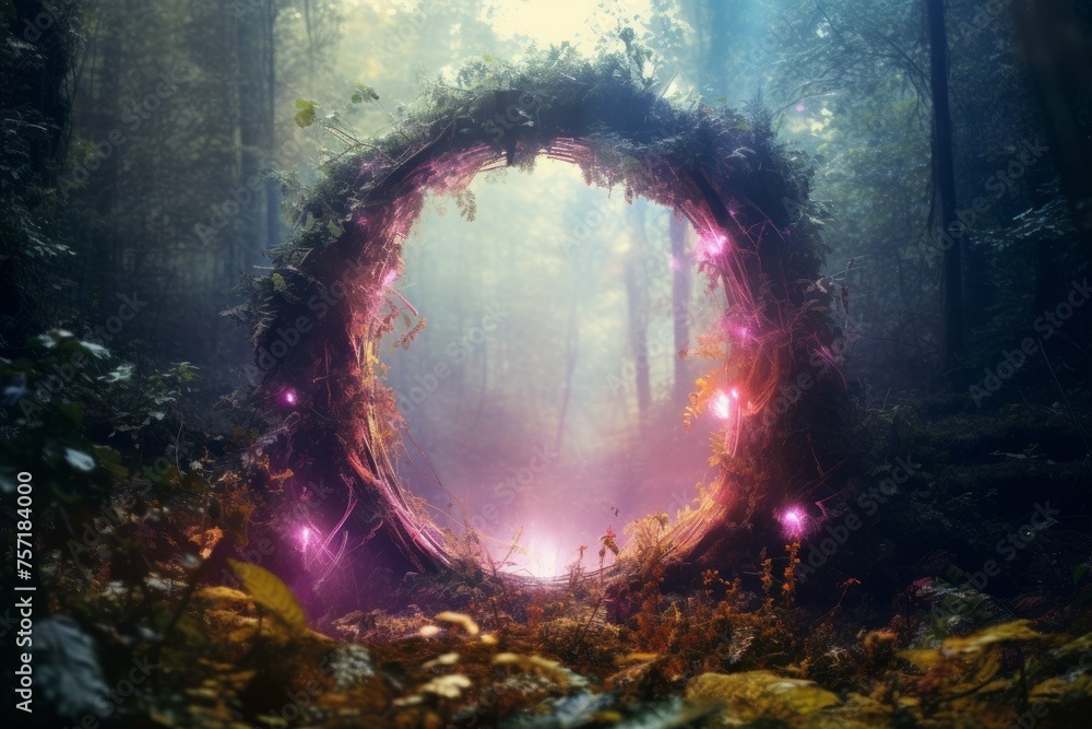 Wall mural a magical portal in a forest, with a bright light coming from inside and colorful mist surrounding i