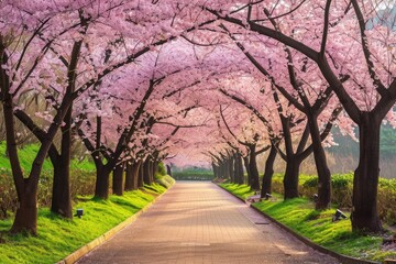 Fototapeta na wymiar A road stretches through a landscape adorned with pink flowers and trees, creating a picturesque and colorful scene, A peaceful alley of cherry blossom trees in a lush green park, AI Generated