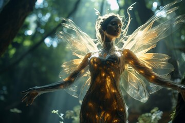 A fairy in a magical forest, with a glowing aura surrounding it