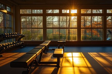 Sunlight filters through the windows, casting vibrant beams across the gymnasium floor, A peaceful gym at sunset with warm light casting long shadows, AI Generated