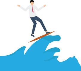Businessman surfing on wave Overcome the corona virus crisis,Business leadership and success concept

