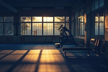A dimly lit gym room filled with benches and illuminated by natural light streaming in through windows, A peaceful gym at sunset with warm light casting long shadows, AI Generated - obrazy, fototapety, plakaty
