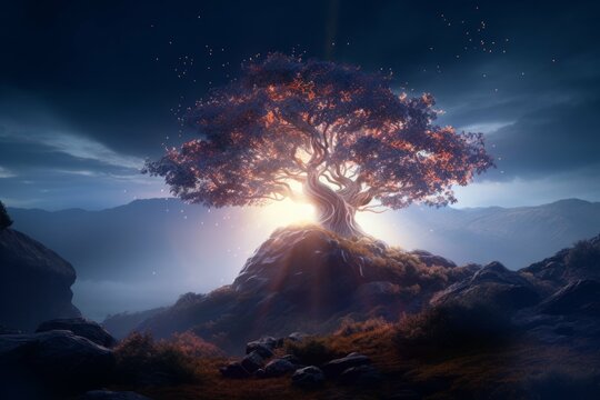 A magical tree in a foggy landscape, with a bright light illuminating it