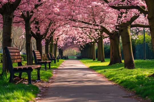 A pathway flanked by tall trees with branches full of pink flowers creating a vibrant canopy, A peaceful alley of cherry blossom trees in a lush green park, AI Generated