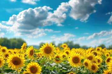 A field of bright yellow sunflowers standing tall and vibrant under a dramatic cloudy blue sky, A peaceful meadow flooded with dazzling sunflowers under a bright blue sky, AI Generated