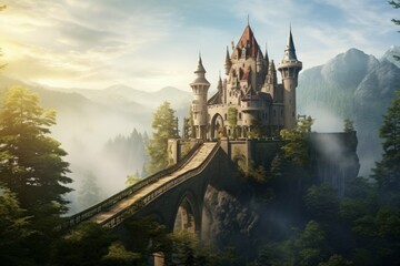 A magical castle with a drawbridge and towers, surrounded by a misty forest