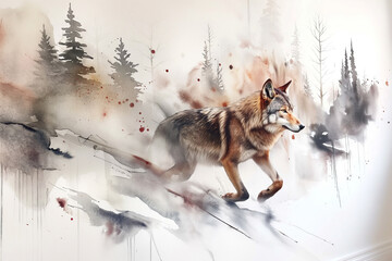 gray wolf in the winter forest, animal in nature, wildlife,  illustration of photorealistic animals on a watercolor background, for national park, zoo, reserve, prints, posters, book, stationery
