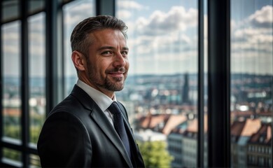 Fototapeta premium businessman standing with hands crossed and looking at camera happy