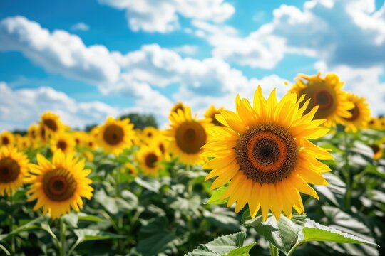 A photo featuring a vast field filled with vibrant yellow sunflowers against a backdrop of a clear blue sky, A peaceful meadow flooded with dazzling sunflowers under a bright blue sky, AI Generated
