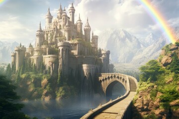 Fototapeta premium A mystical castle with a rainbow bridge connecting it to a distant mountain range
