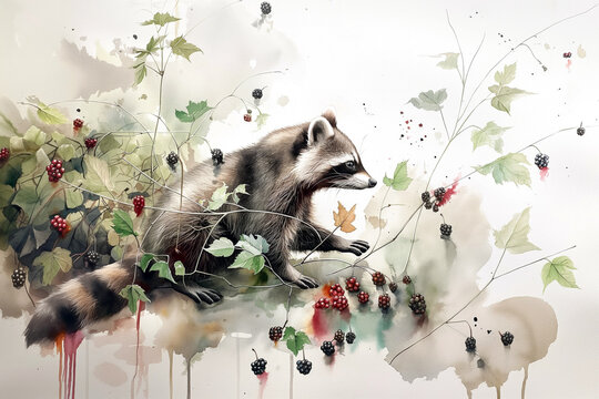 Raccoon in berry bushes, animal in the wild, photography and watercolor, stylish image for poster, card, souvenir, print. Nature reserve, park, zoo advertising. Illustration for book and encyclopedia
