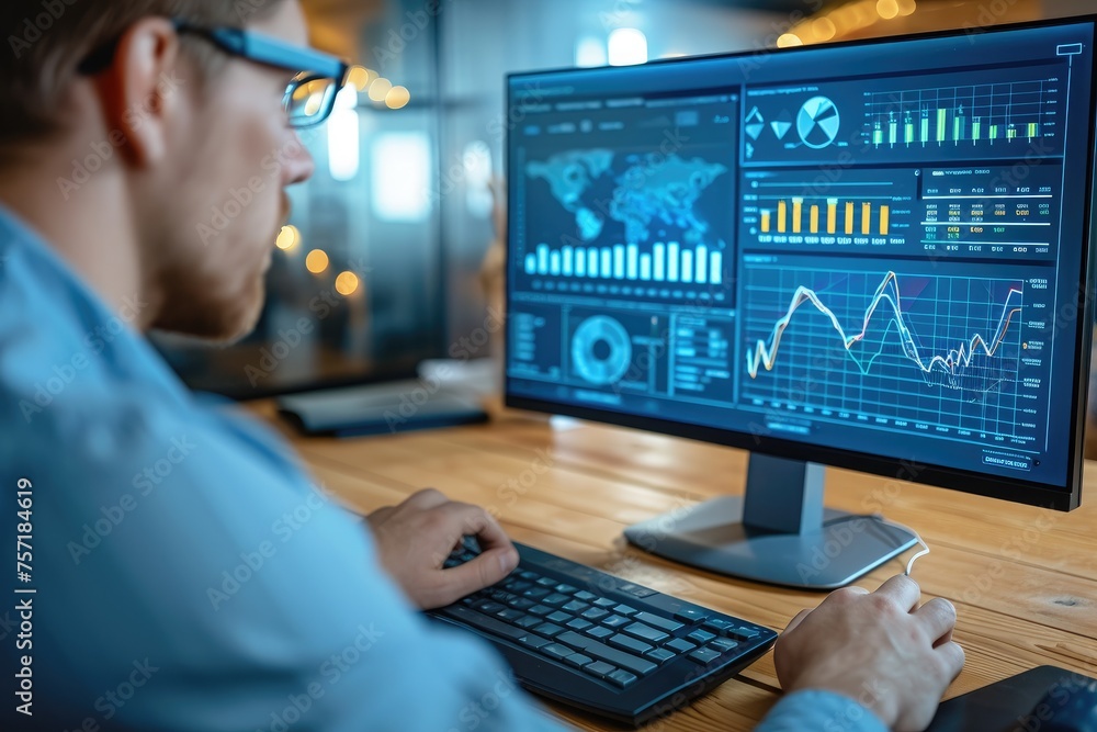 Poster a man sitting at a desk in a well-lit office space, focused on his computer screen as he diligently 