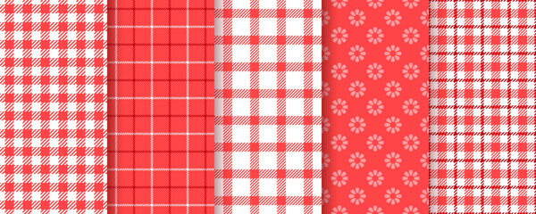 Obraz premium Gingham cloth. Tablecloth seamless pattern. Picnic plaid background. Checkered red kitchen texture with squares. Restaurant napkin print. Set retro tartan backdrops. Color vector illustration