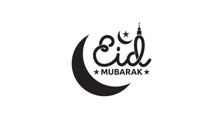 Eid Mubarak lettering text. Handwritten calligraphy typography in black color. Great for the celebration of Eid Al Fitr in Muslim communities through banners, cards, and flyer. Vector illustration.  - obrazy, fototapety, plakaty