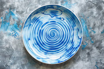 Empty plate with blue pattern edge, Ceramic plate with spiral pattern in watercolor styles.