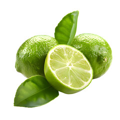 Green lime with cut in half and slices isolated on transparent background