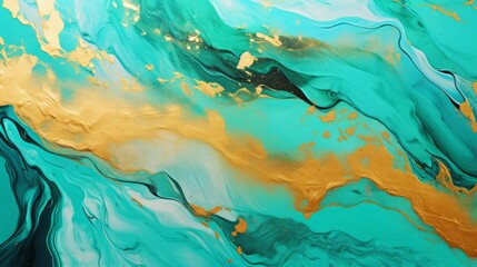 Fototapeta na wymiar Teal gold marble background with liquid abstract paint