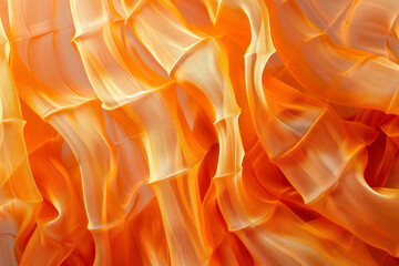 Orange window curtain fabric that forms an orderly composition of waves.