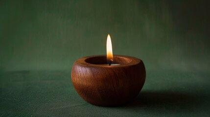 Obraz na płótnie Canvas A wooden candle holder with a flickering lit candle creating a warm glow