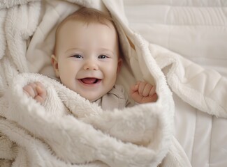 Adorable little baby girl laying in the bed after waking up. Portrait of a smiling new born baby