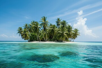 Small Island Enveloped by Palm Trees in the Vast Ocean, A picturesque deserted island covered in palm trees and surrounded by turquoise waters, AI Generated