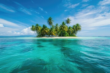 A tiny island covered with palm trees stands alone in the expansive ocean, A picturesque deserted island covered in palm trees and surrounded by turquoise waters, AI Generated