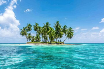 A small island is surrounded by palm trees in the middle of the vast ocean, A picturesque deserted island covered in palm trees and surrounded by turquoise waters, AI Generated