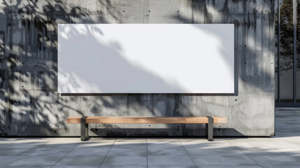 Serene urban setting with a bench in front of a white blank wall for advertisements