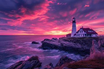 Rolgordijnen Majestic Lighthouse Perched on Clifftop Overlooking Ocean, A picturesque lighthouse overlooking a rugged coastline under a colorful evening sky, AI Generated © Iftikhar alam