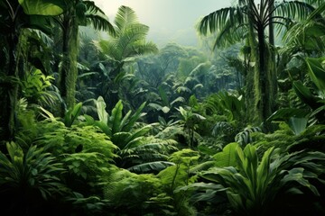 A lush tropical rainforest with a variety of green plants, trees, and ferns, isolated on white background