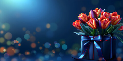 Bouquet of tulips and a gift on a blue background. Banner template for spring cards, invitations, and posters. Holiday concept with place for text - obrazy, fototapety, plakaty