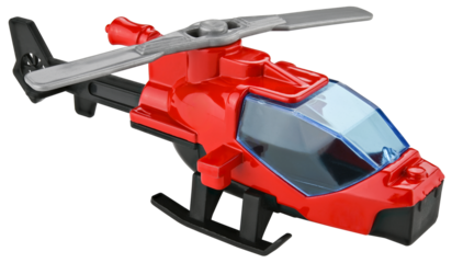 Red toy helicopter isolated on a white background.