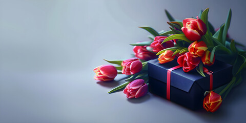 Bouquet of tulips and a gift on a grey background. Banner template for spring cards, invitations, and posters. Holiday concept with place for text