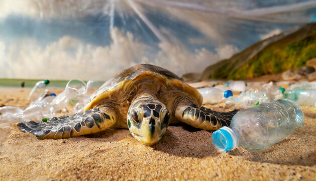 Dead sea turtle, surrounded by many plastic bottles on the shore of a sandy beach. Concept of endangered species due to plastic and micro plastic pollution in water. Generative Ai.