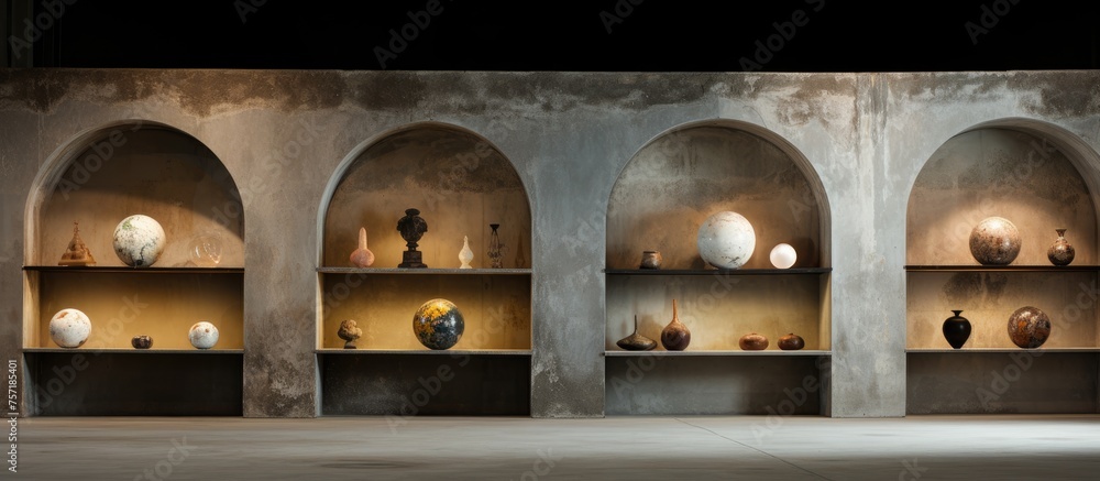 Aufkleber a wooden fixture filled with art. vases line the shelves in a circle around the room, creating a vis
