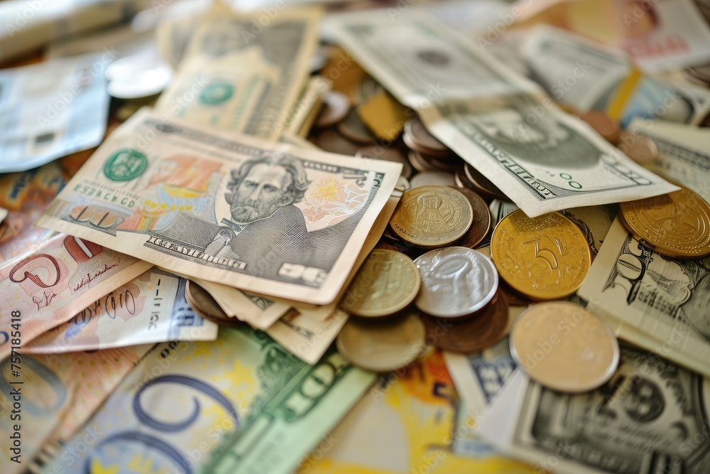 Poster a large stack of money neatly arranged on a table, a pile of paper bills and coins of different curr