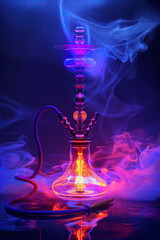 Fototapeta na wymiar hookah shisha in smoke on a red blue background with colored neon light in bar