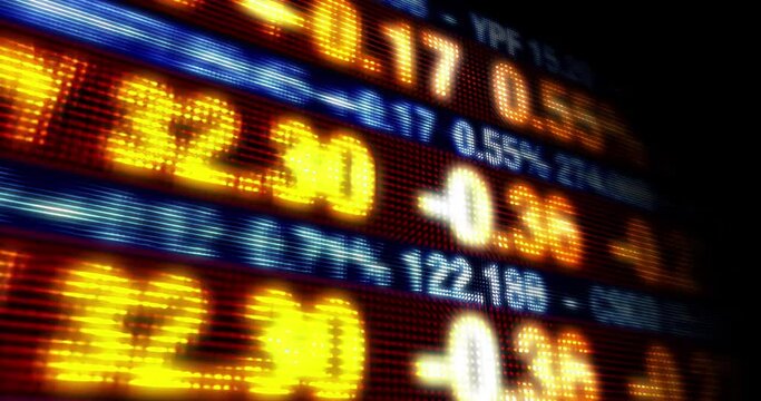 Flowing Stock Market Data Animation. Camera Zooming To Stock Ticker Board. Business And Finance Related 3D Computer Animation.