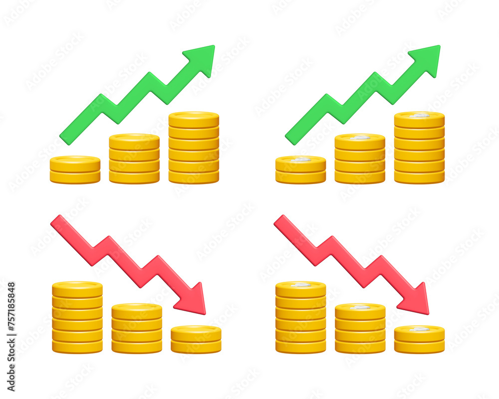 Wall mural 3d gold coin stack with green up and red down arrow isolated on white background. business finance c